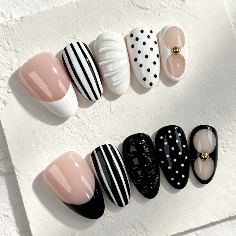 Nailhour 30Pcs French 3D Y2K Brown Vintage Short Almond Press On Nails