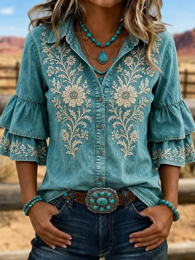 Women'S Western Paisley Gradient Double Ruffle Bell Sleeve Button Down Shirt