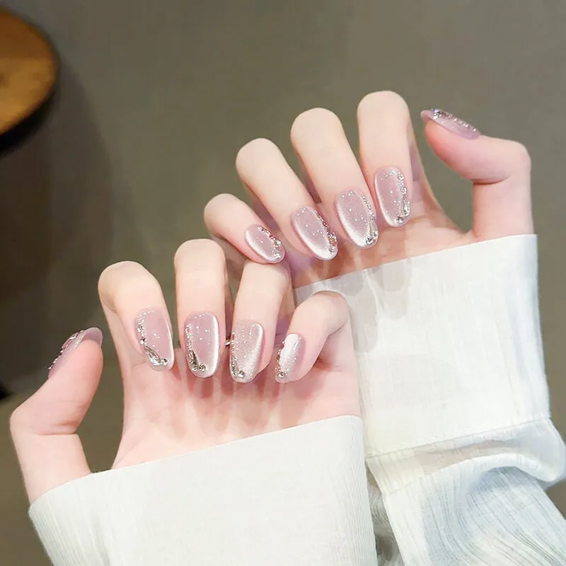 Nailhour 10Pcs Handmade Purple Cat Eye Medium Oval Press On Nails