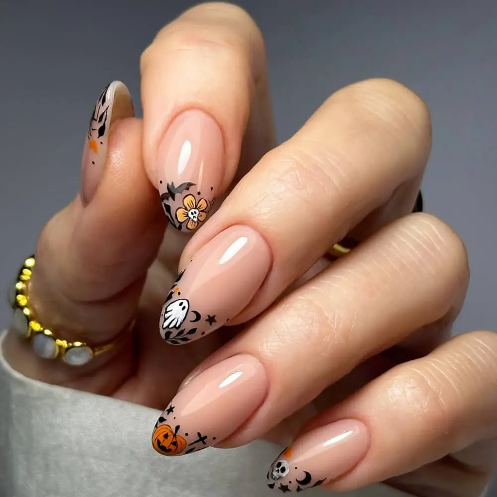 Nailhour 24Pcs Halloween Short Almond French Pumpkin Press On Nails