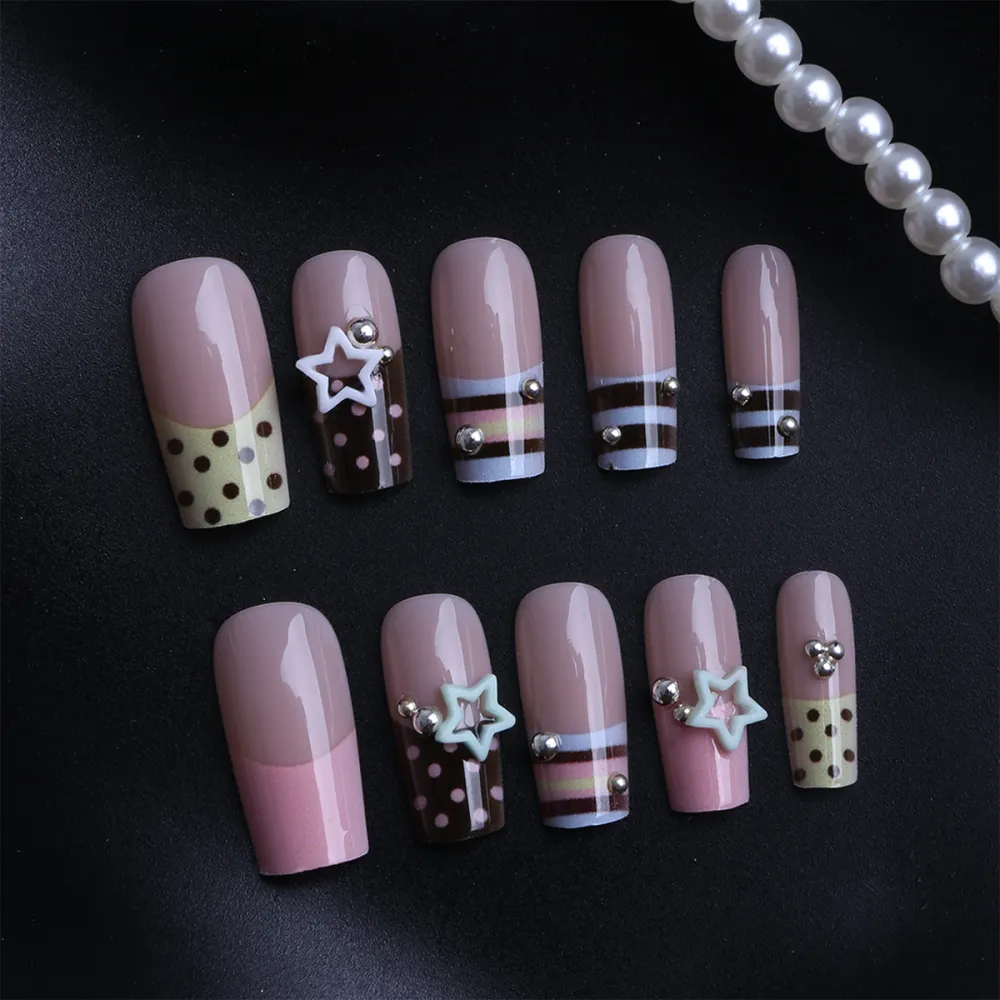 Nailhour 24 Pcs Candy-Colored Stitched Striped Pastel Brown Polka Dot Press On Nails