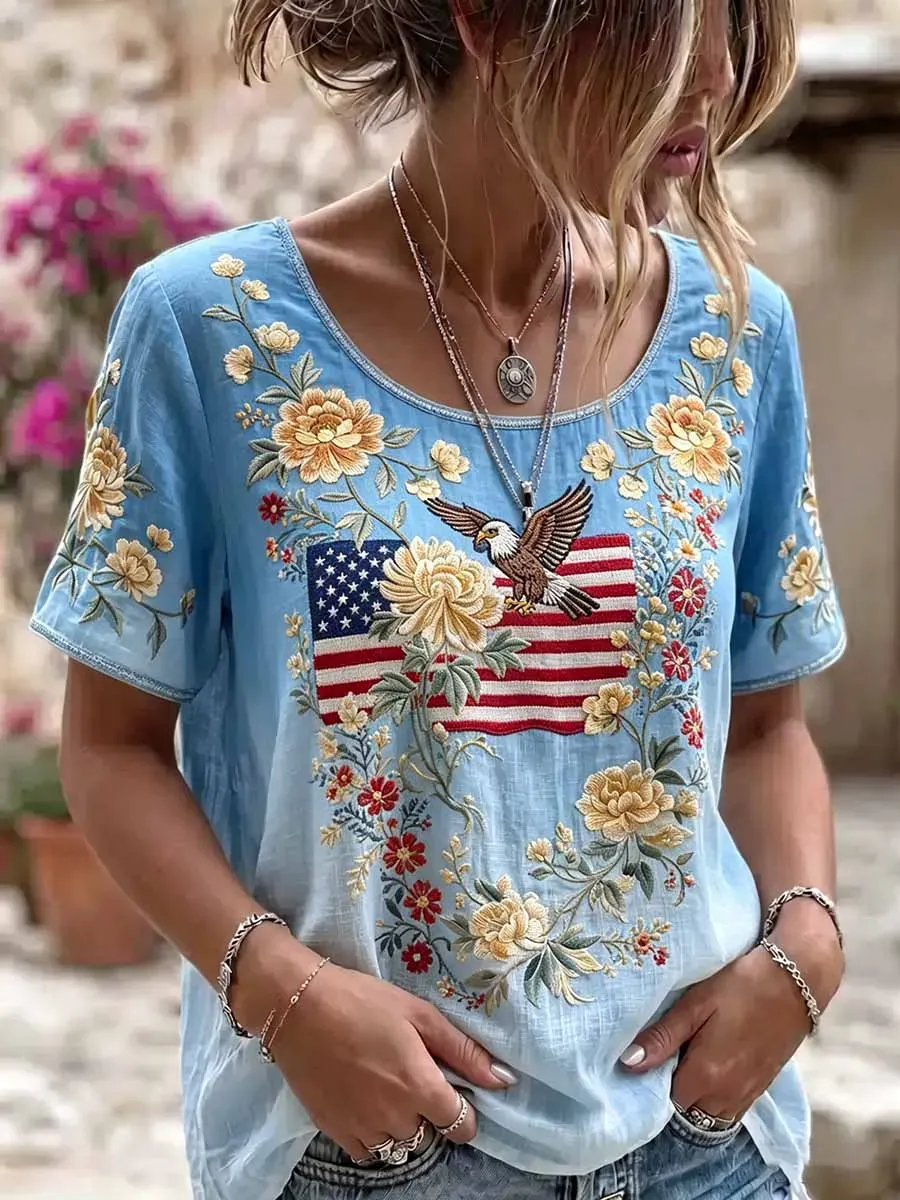 Women'S Cotton And Linen Casual Floral Top