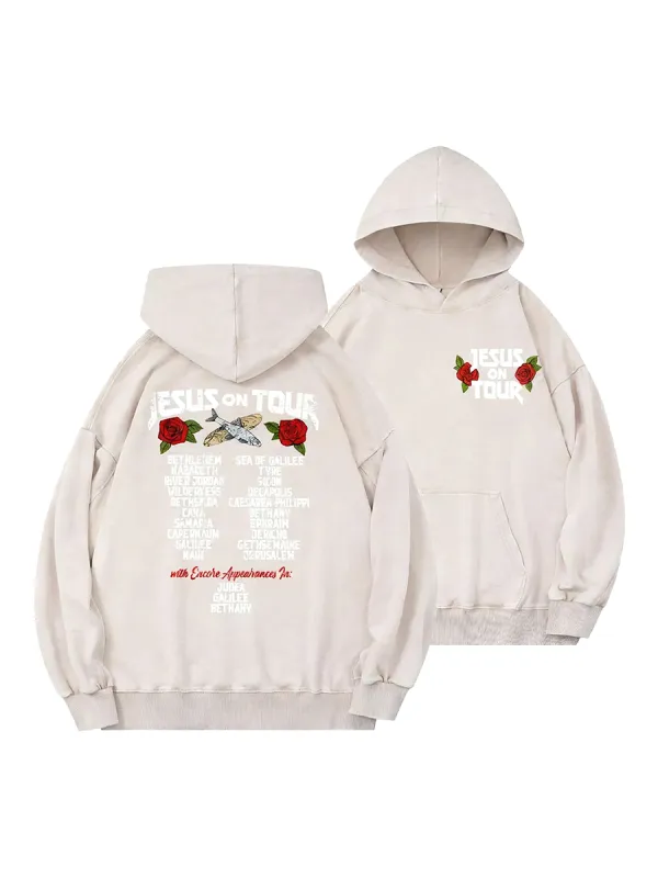 Jesus On Tour Biblical Locations & Rose Print Style Hoodie