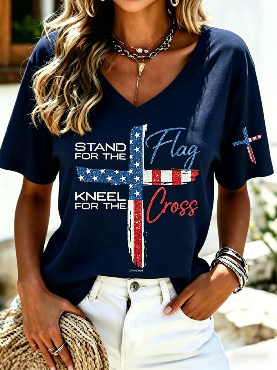Women's America's 250th Anniversary Stand For The Flag Kneel For The Cross Faith Christian Cross Print T-Shirt