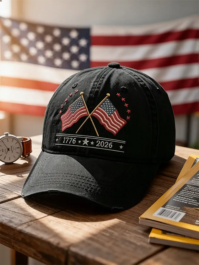 Crossed American Flags 1776-2026 Washed Baseball Cap
