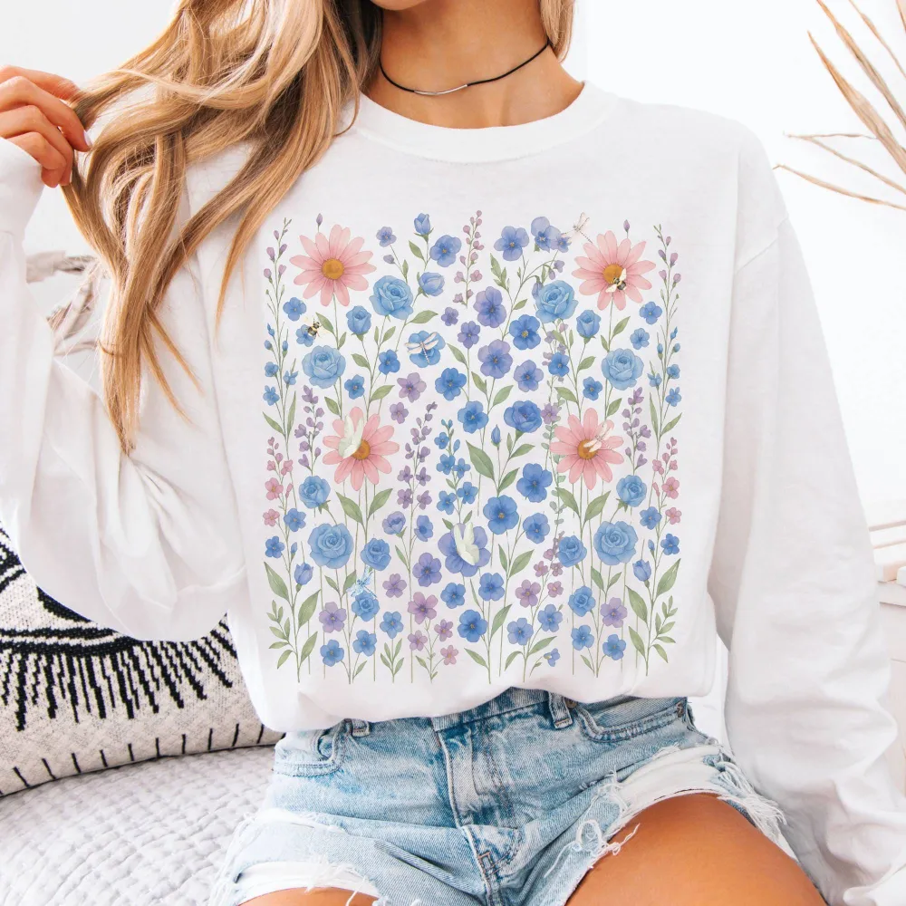 Blue Violet Wildflowers Long Sleeve Shirt
