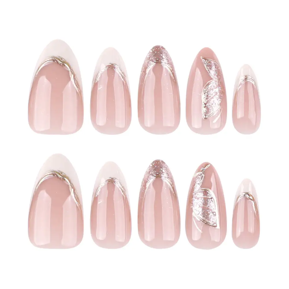Nailhour 24Pcs French Nude Glitter Medium Almond Press On Nails