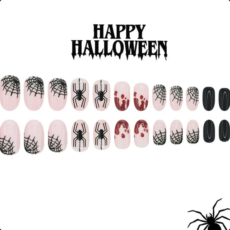 Nailhour 24Pcs Halloween Short Oval Nude Spider Press On Nails