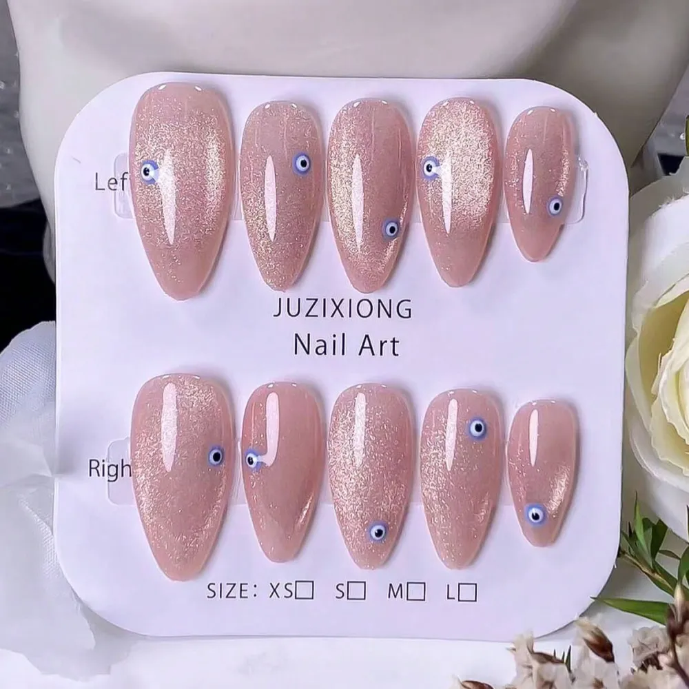 Nailhour 10Pcs Handmade French Medium Almond Pink Cat Eye Press On Nails