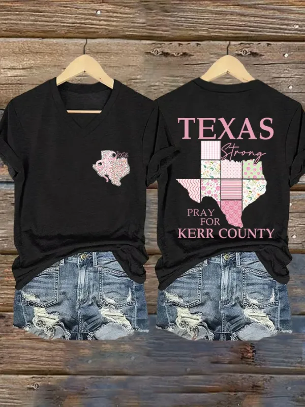 V Neck Retro Texas Strong Bow Print Pray For Kerr County Print T-Shirt