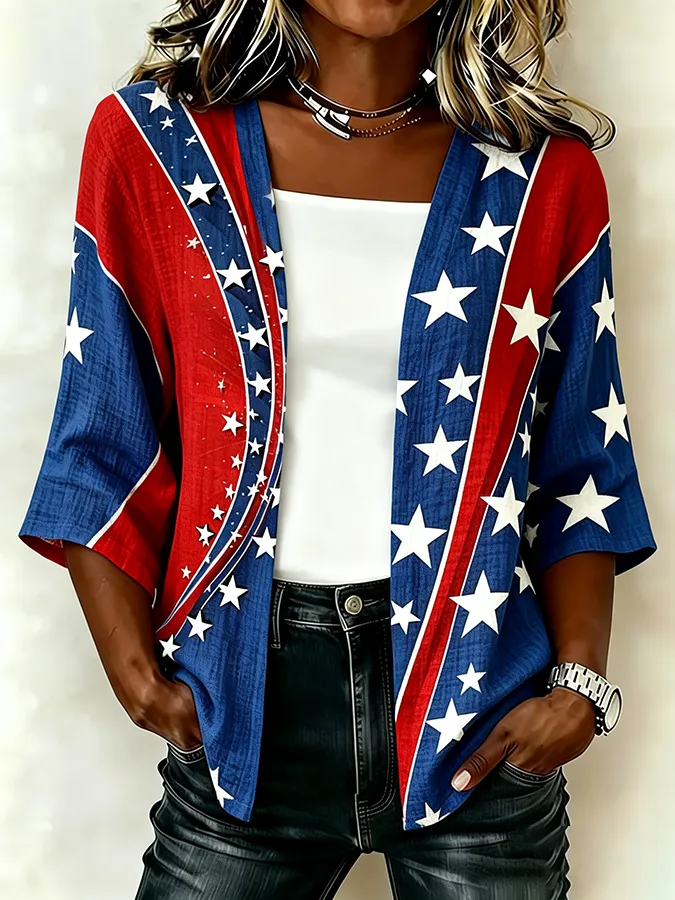 Women'S Casual Loose Independence Day Patriotic Cardigan