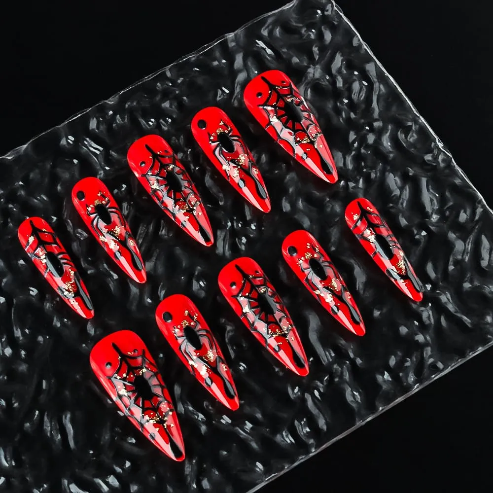 Nailhour 24Pcs Halloween Red Spider Web Medium Almond Press On Nails