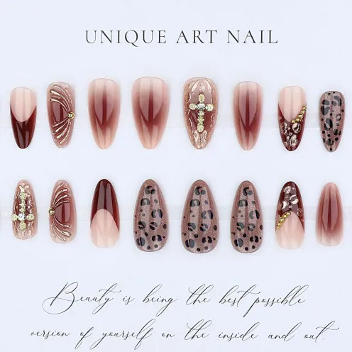 Nailhour 24Pcs French 3D Gradient Floral Medium Almond Press On Nails