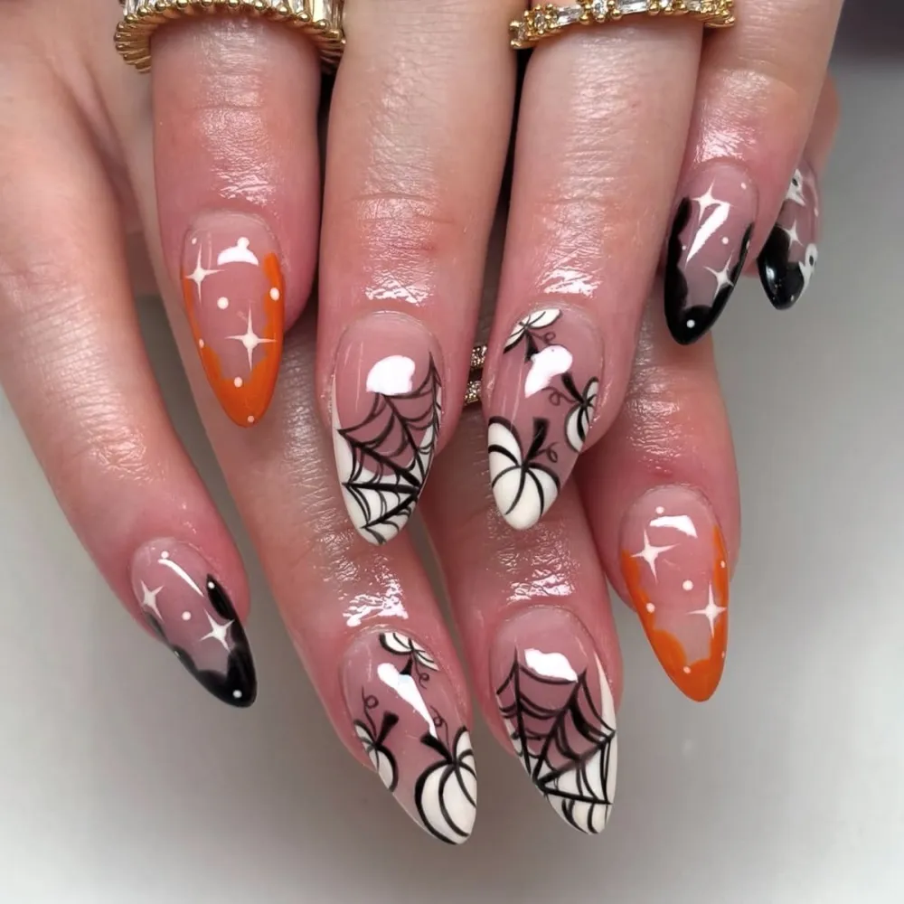ailhour 24Pcs Halloween Pumpkin Ghost Medium Almond French Press On Nails