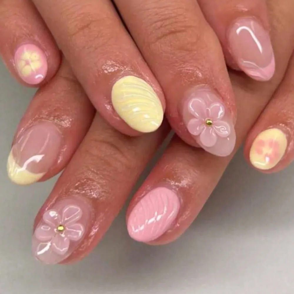 Nailhour 24Pcs 3D French Medium Almond Floral Press On Nails
