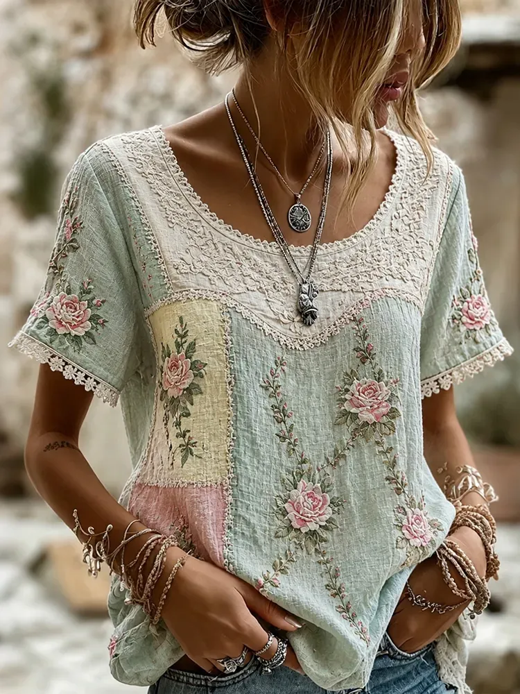 Women's casual floral print cotton and linen round neck top
