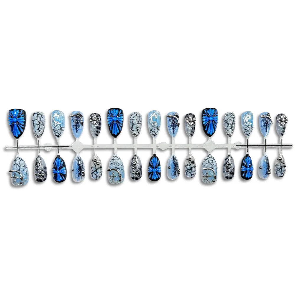 Nailhour 30Pcs Chrome Hearts Glacier Blue Medium Almond French Press On Nails