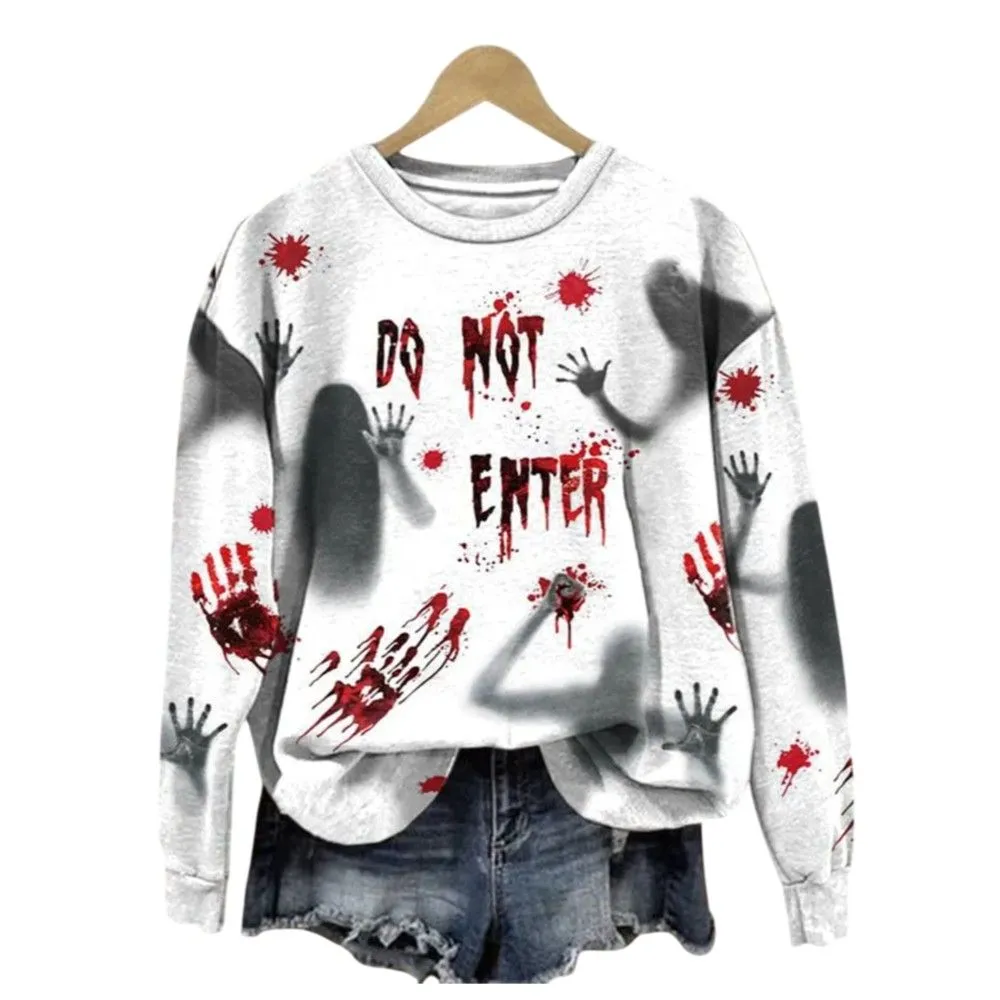 2025 Halloween Women’s Do Not Enter Ghost Print Sweatshirt