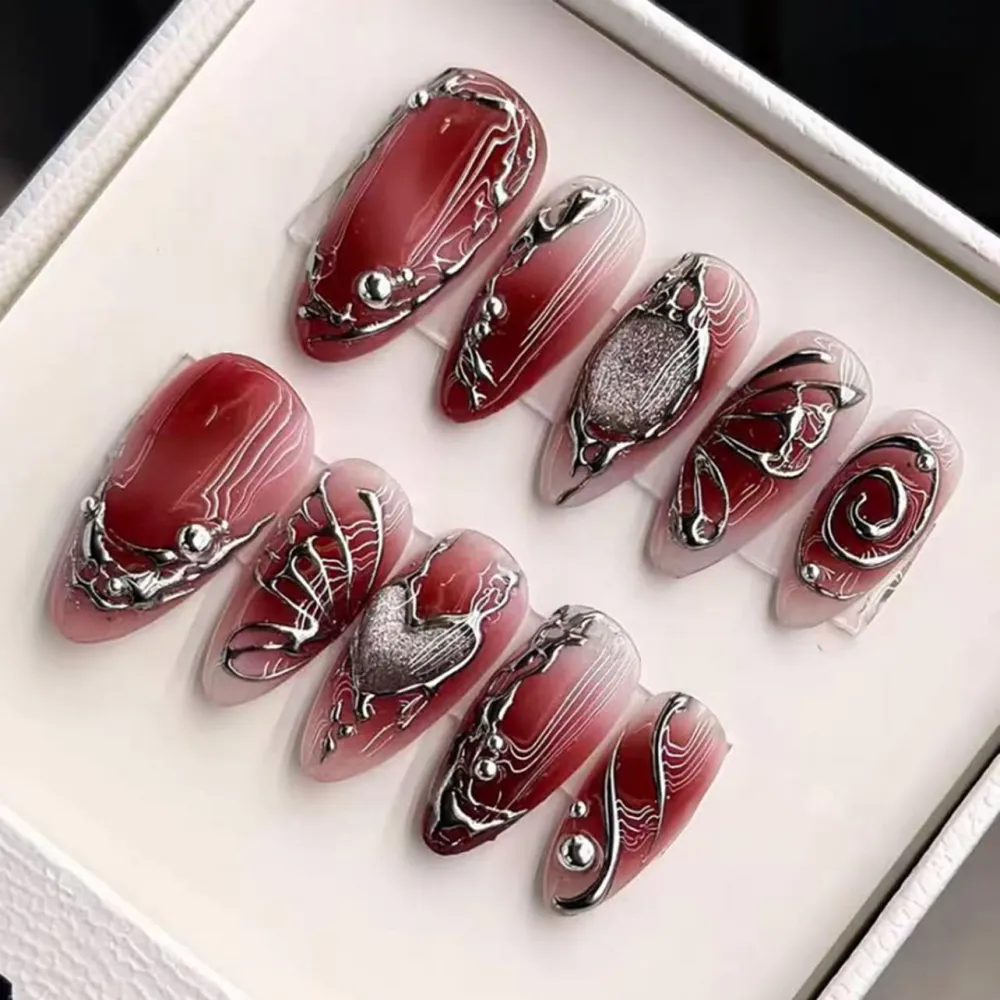 Nailhour 24Pcs Red Y2K Medium Almond Gilded Press On Nails