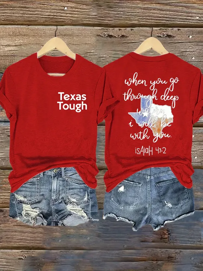Retro Texas Tough Print Round Neck T-Shirt