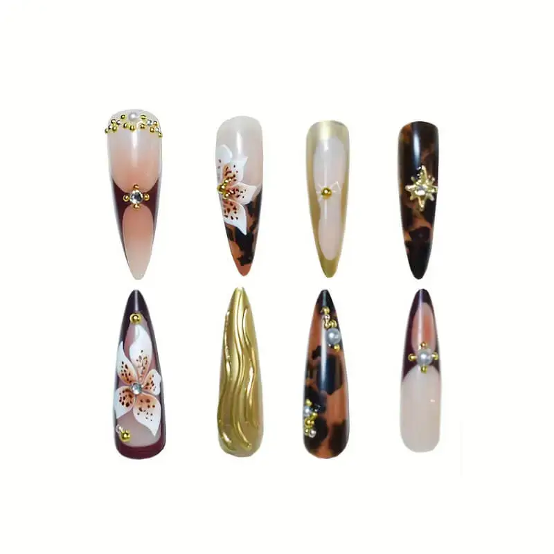 Nailhour 24Pcs Gilded 3D Floral Long Almond Press On Nails