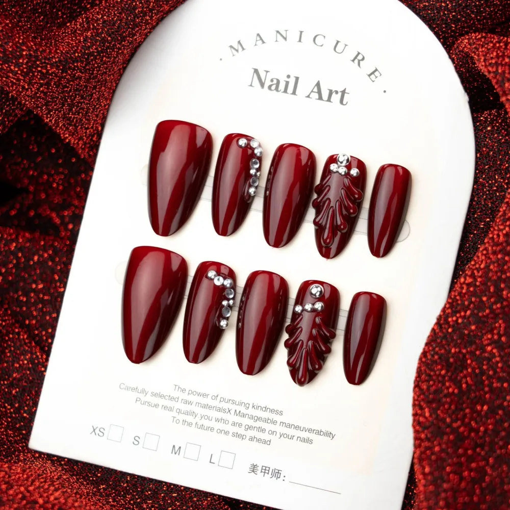 Nailhour 30Pcs Cat Eye 3D Medium Almond Red French Press On Nails