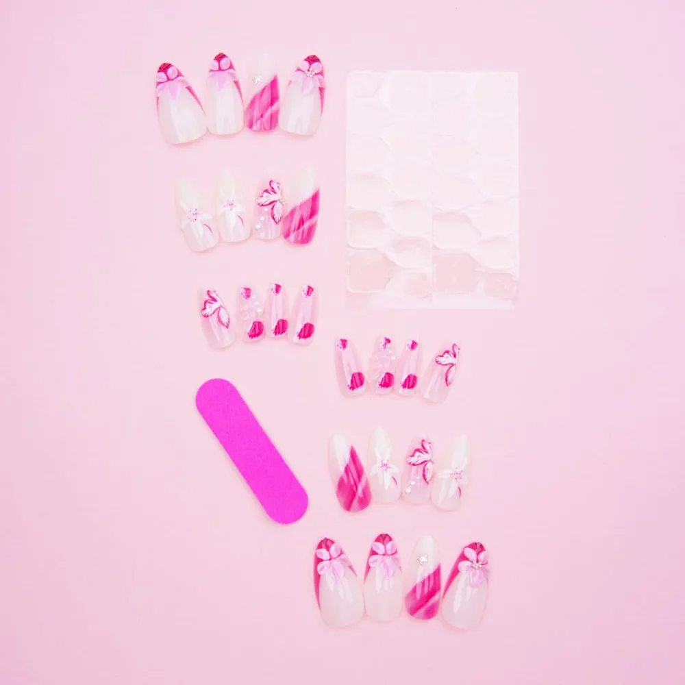 Nailhour 24Pcs Star Floral Pink 3D Medium Almond French Press On Nails