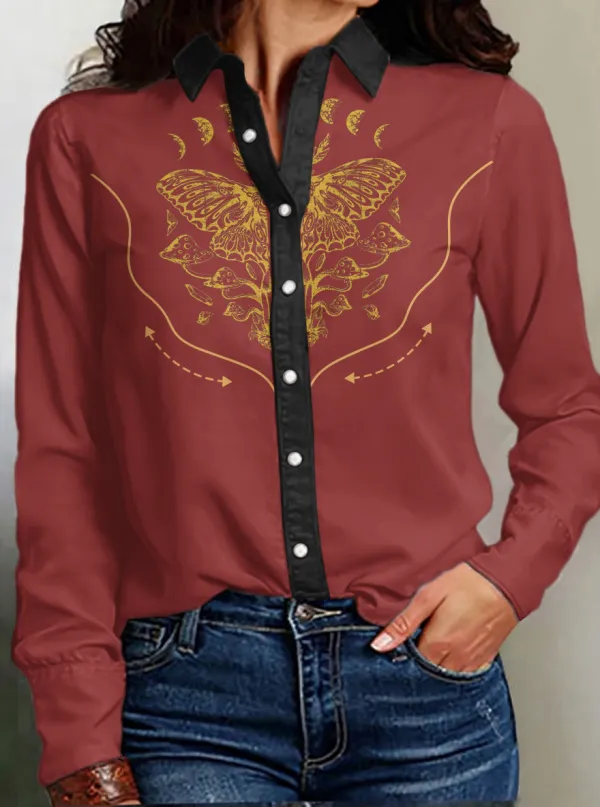 Women's Line Moon Moth Print Western Long Sleeve Shirt