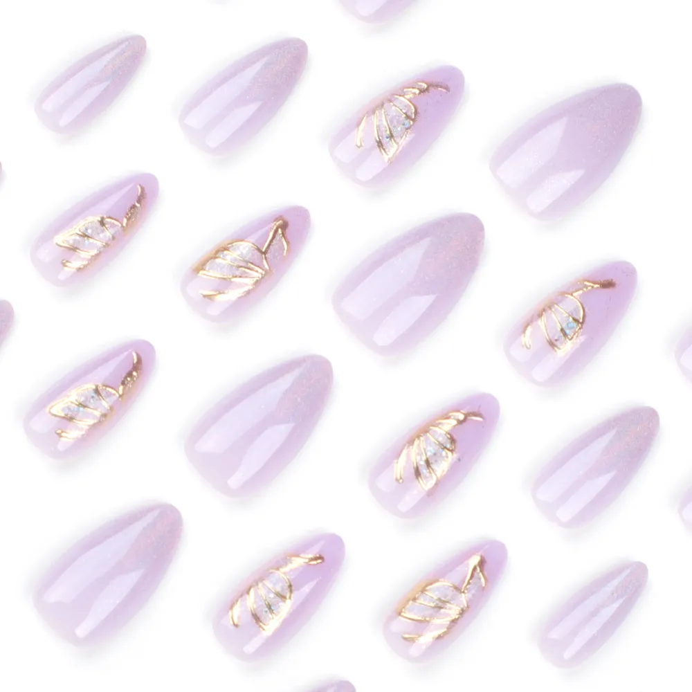 Nailhour Gold Butterfly 24Pcs Party Date Purple Press On Nails