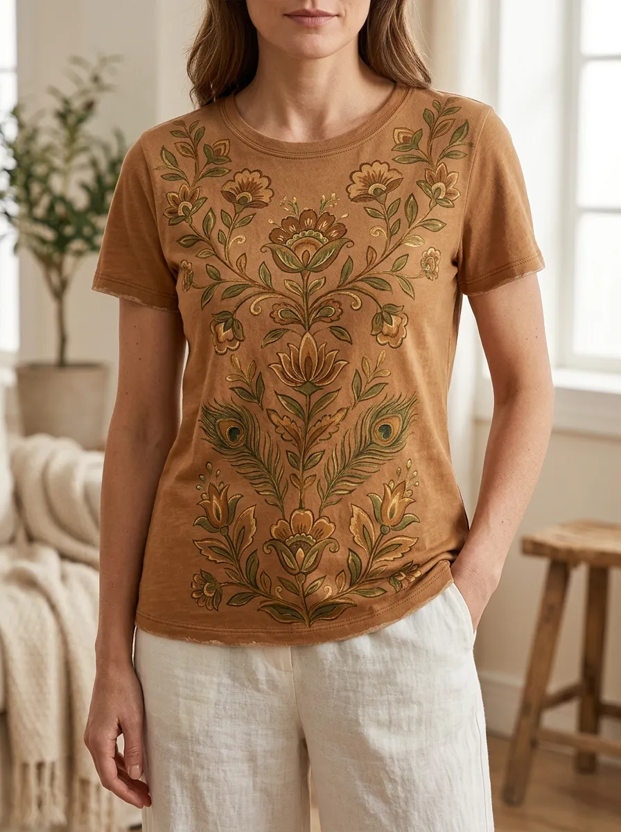 Women's Bohemian Floral Peacock Printed Crewneck T-shirt