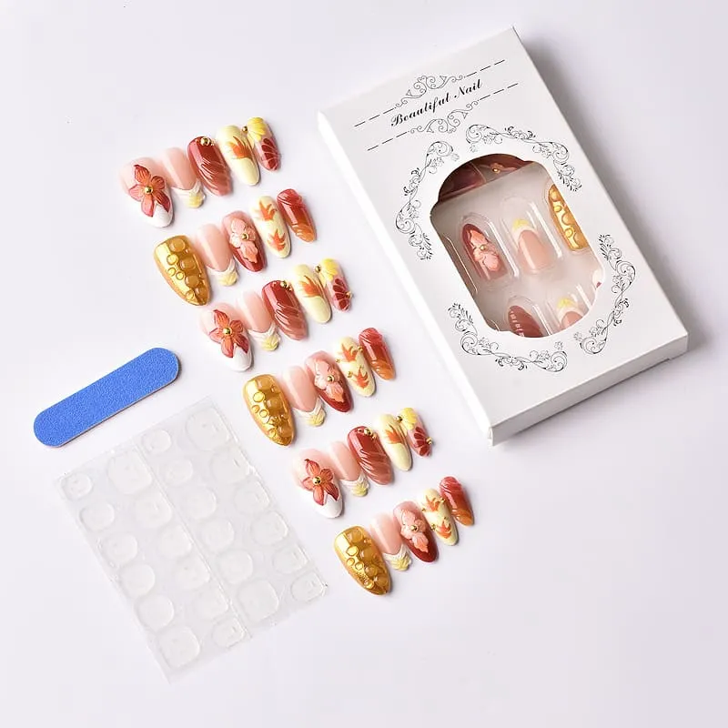 Nailhour 30Pcs Floral Autumn/Winter 3D Medium Almond French Press On Nails