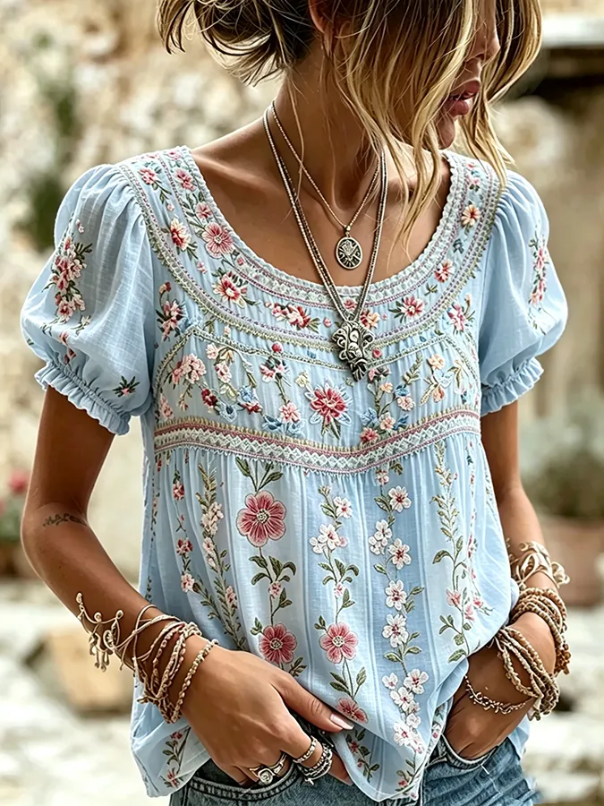 Women's Floral Print Round Neck Puff Sleeve Top
