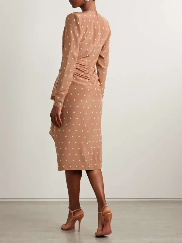 Polka-Dot Ruched Long Sleeve Dress