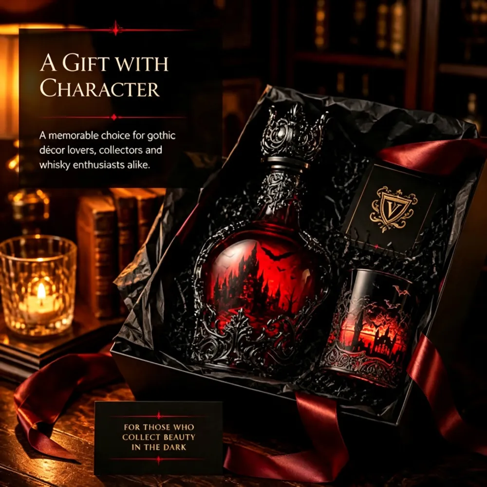 Halloween Dark Red Batwing Castle Decanter