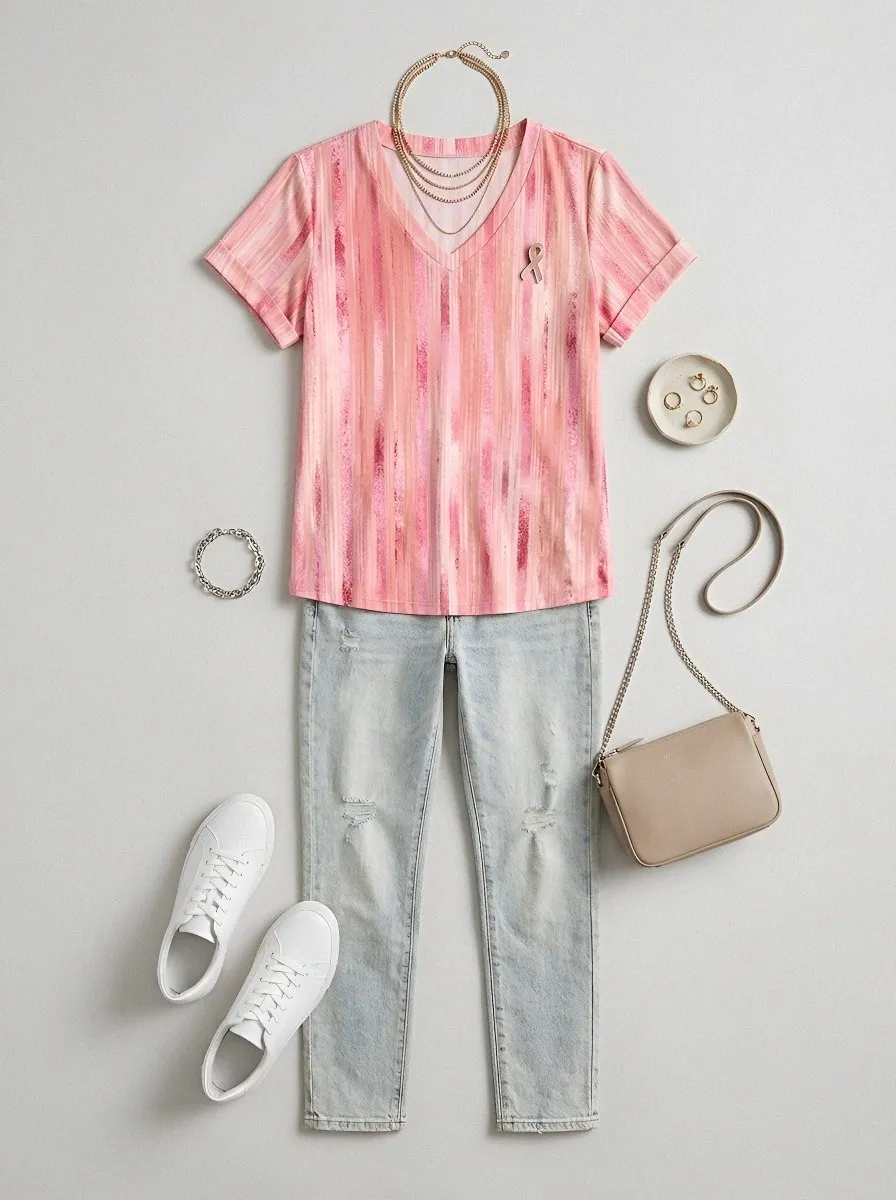 Women's Breast Cancer Awareness Pink Striped Printed V-Neck T-Shirt
