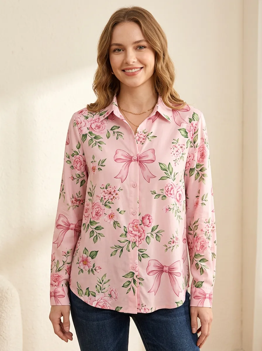 Women's Breast Cancer Awareness Pink Ribbon Floral Printed Button-Down Shirt