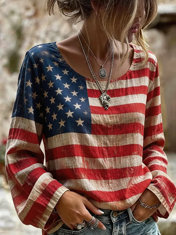 Women'S Casual Cotton And Linen American Flag Personalized Printed Long Sleeved Round Neck T-Shirt