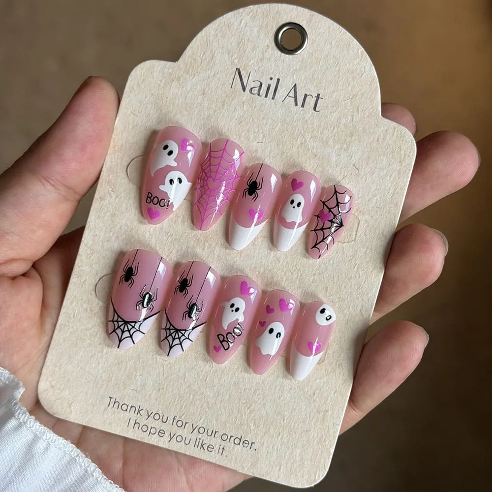 Nailhour 24Pcs Pink Halloween Cute French Ghost Medium Almond Press On Nails