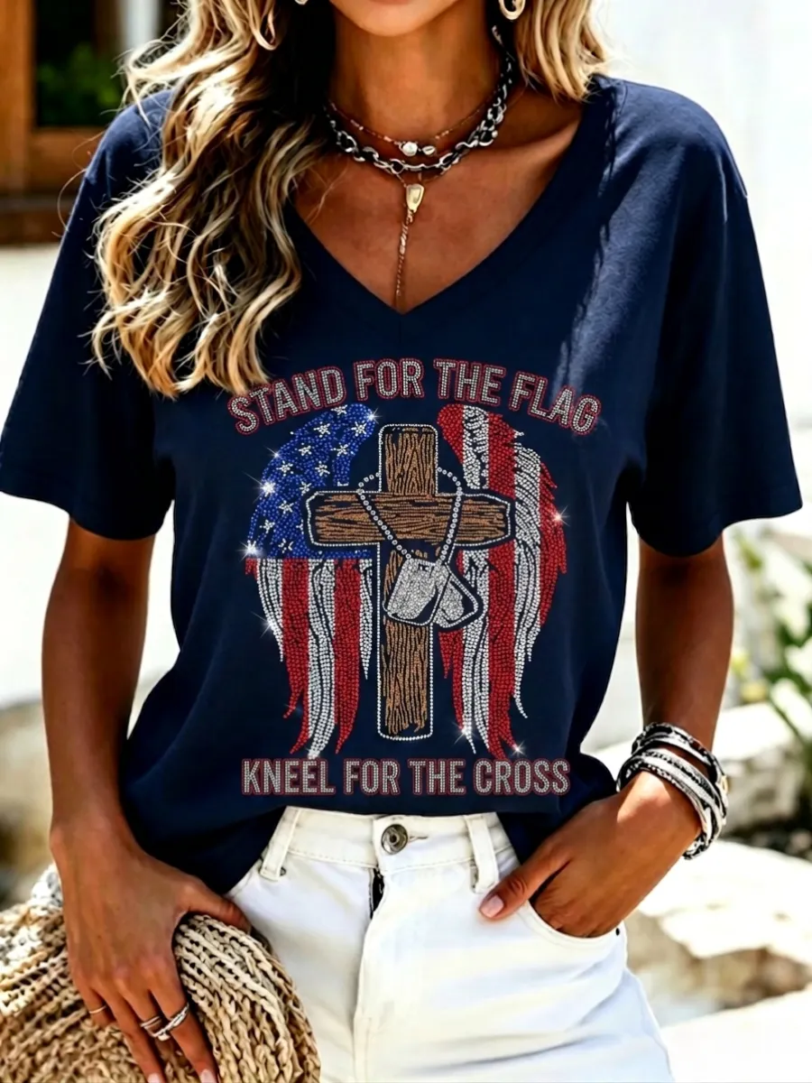 Women's America's 250th Anniversary Stand For The Flag Kneel For The Cross Faith Christian Cross Print T-Shirt