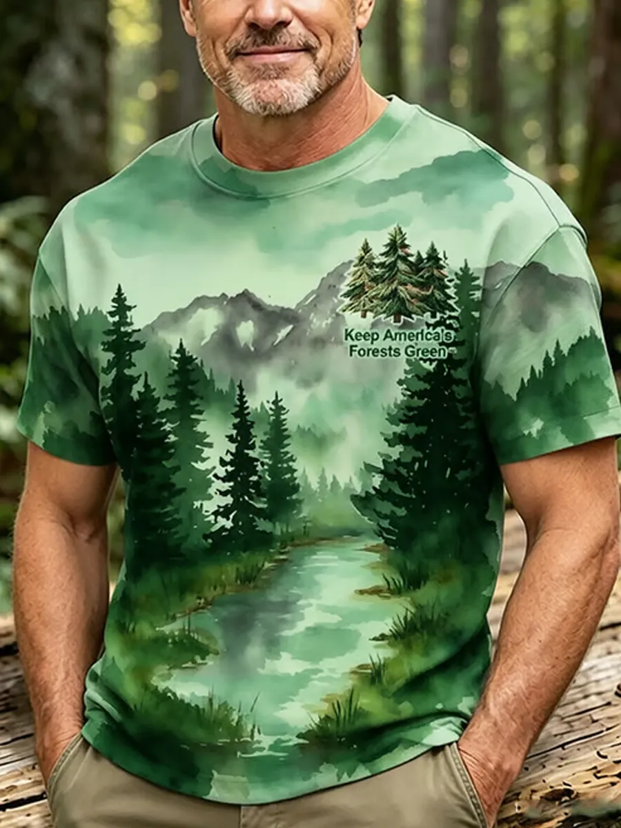 Men's Retro Keep America’s Forests Green Print Round Neck T-Shirt