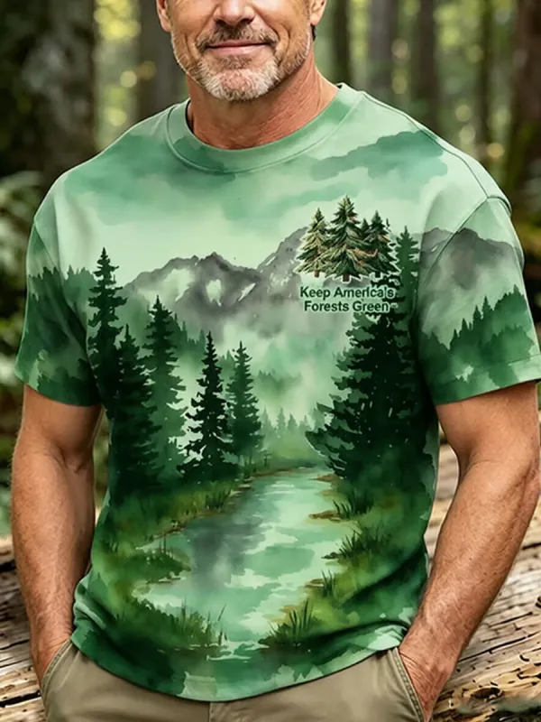 Men's Retro Keep America’s Forests Green Print Round Neck T-Shirt