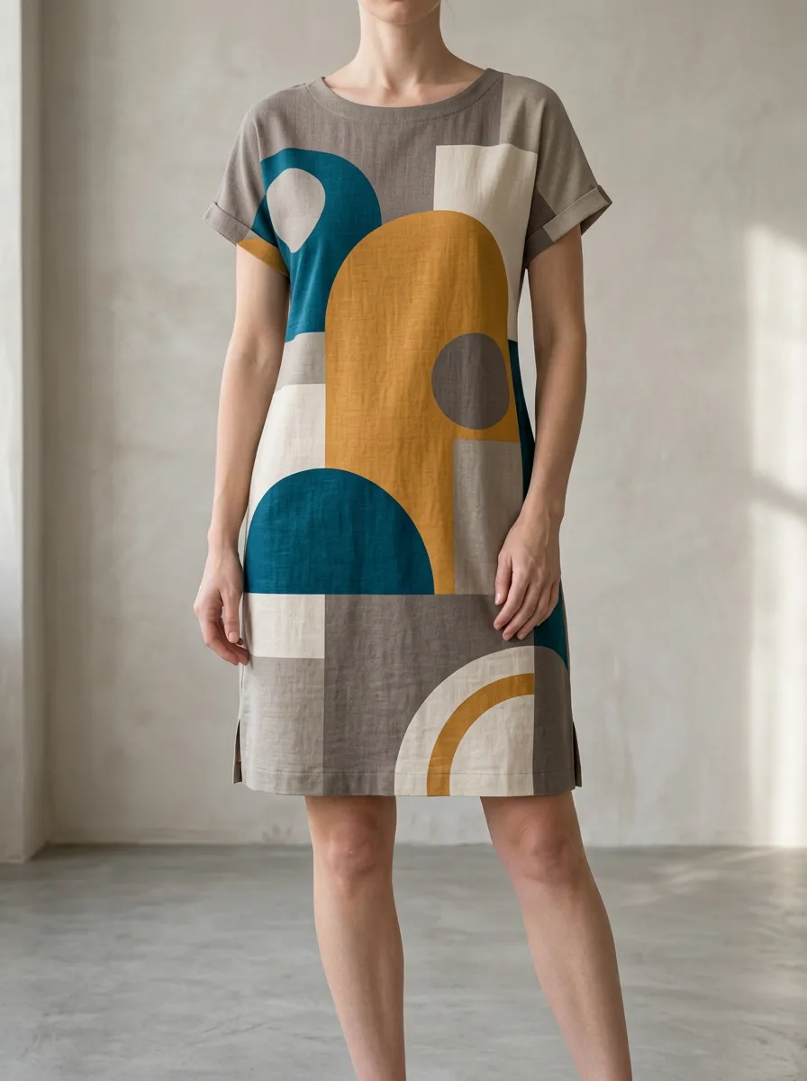 Women's Short Sleeve Mini Geometric Print Shift Dress