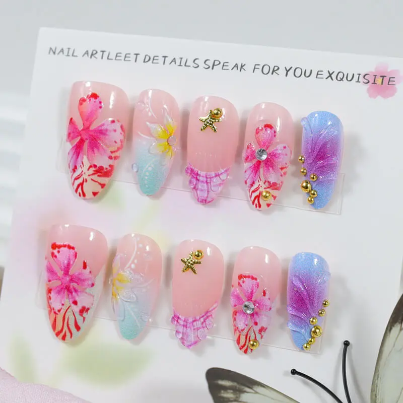 Nailhour 30Pcs 3D Resin Floral Medium Almond Press On Nails