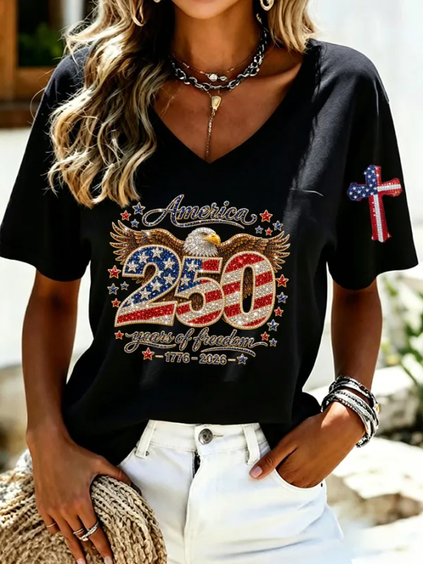 Women'S America Flag Print Casual V-Neck T-Shirt