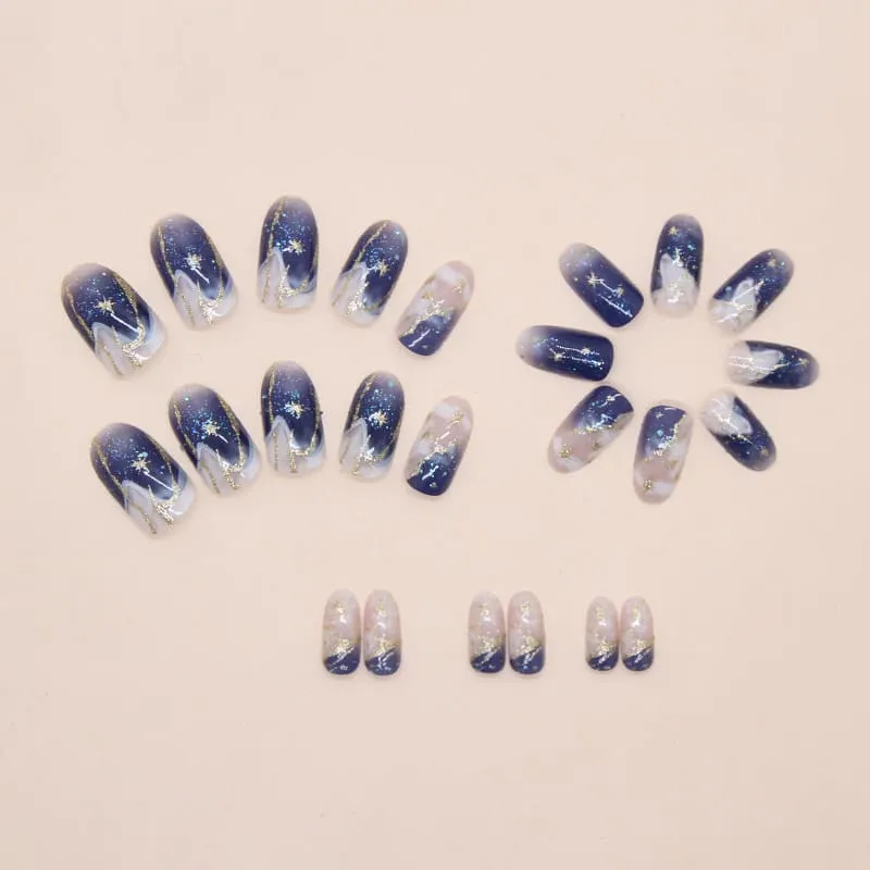 Nailhour 24Pcs Blue Smudges Medium Almond French Press On Nails