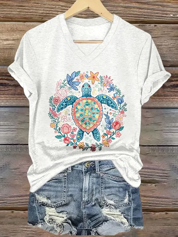 Women's Summer Vibes Short Sleeves V-Neck Pure T-Shirt