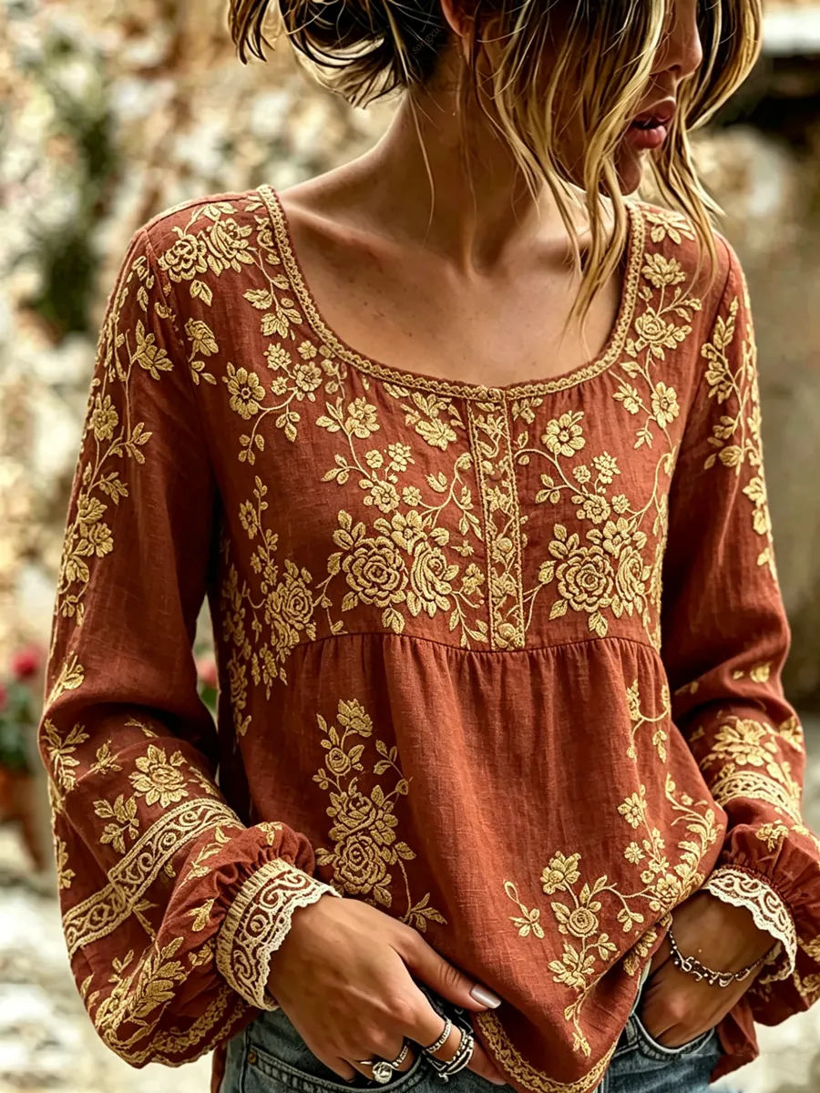 Women'S Retro Bohemian Style Plant Embroidered Printed T-Shirt