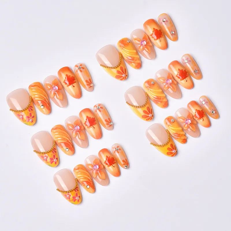 Nailhour 30Pcs Autumn Floral Medium Almond Press On Nails