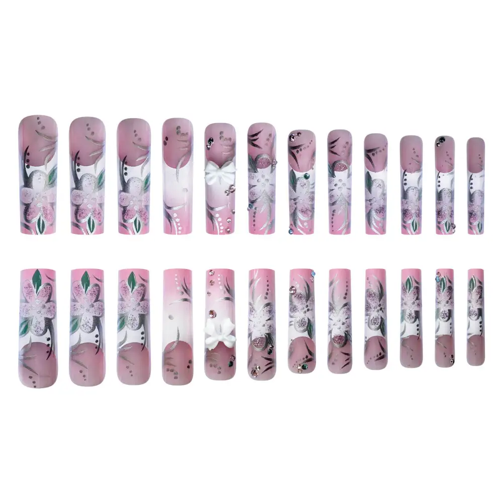 Nailhour 24Pcs 3D Glitter Floral Extra Long Square Press On Nails