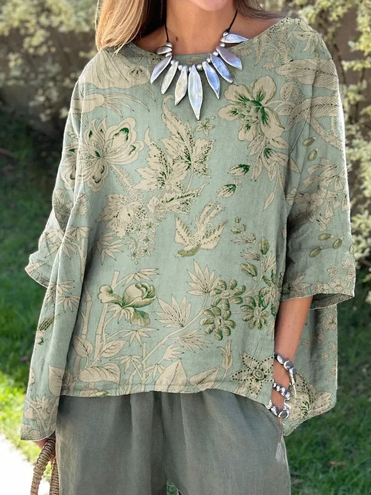 Women's Elegant Floral Print Round Neck Shirt